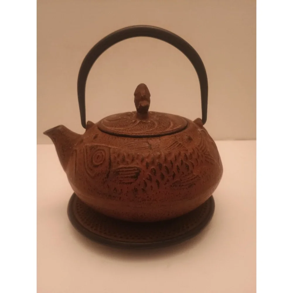 Vintage Antique Teavana Hobnail Brick Red Cast Iron Teapot With Aztec Print...